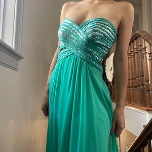 Strapless turquoise floor length prom dress